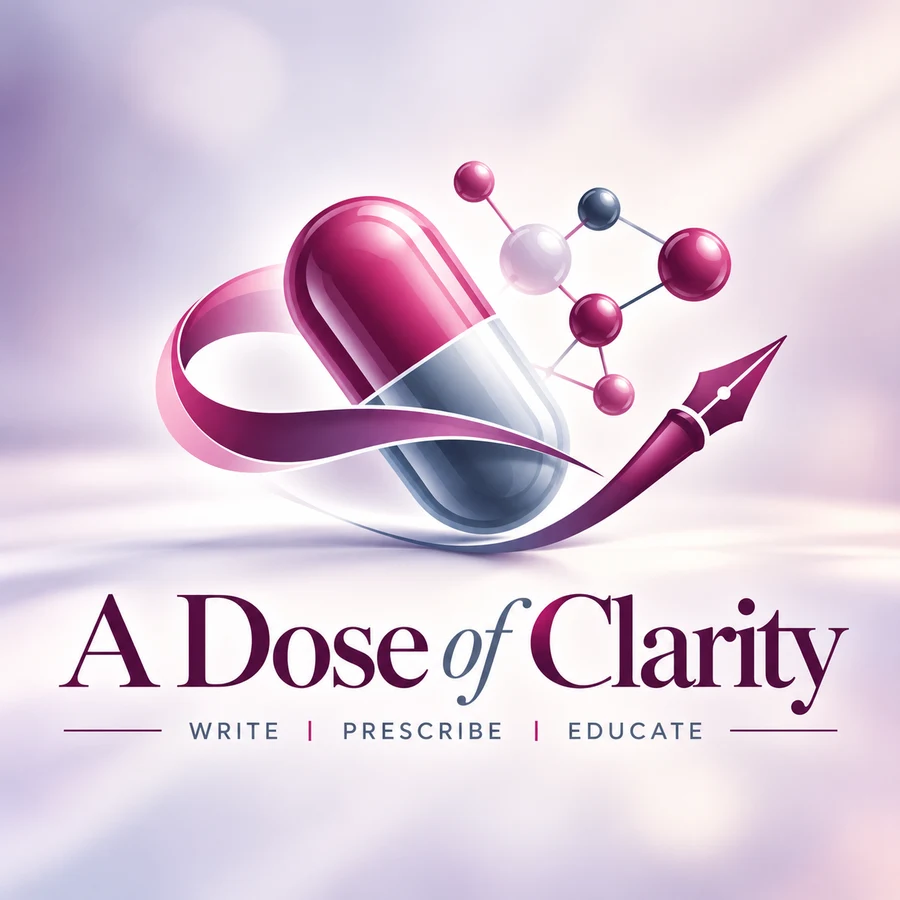 A Dose of Clarity logo: a capsule and fountain pen with the words Write, Prescribe, Educate